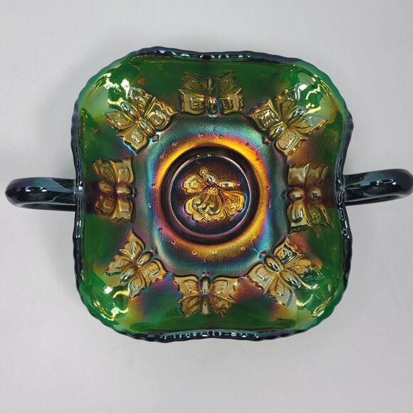 Fenton Green Carnival Glass Butterflies Bon Bon Dish #117/500 - Picture 5 of 8